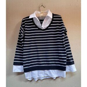 Leo & Ugo Womens Striped Collared Shirt Style Collar Sweater Size 2 Navy White
